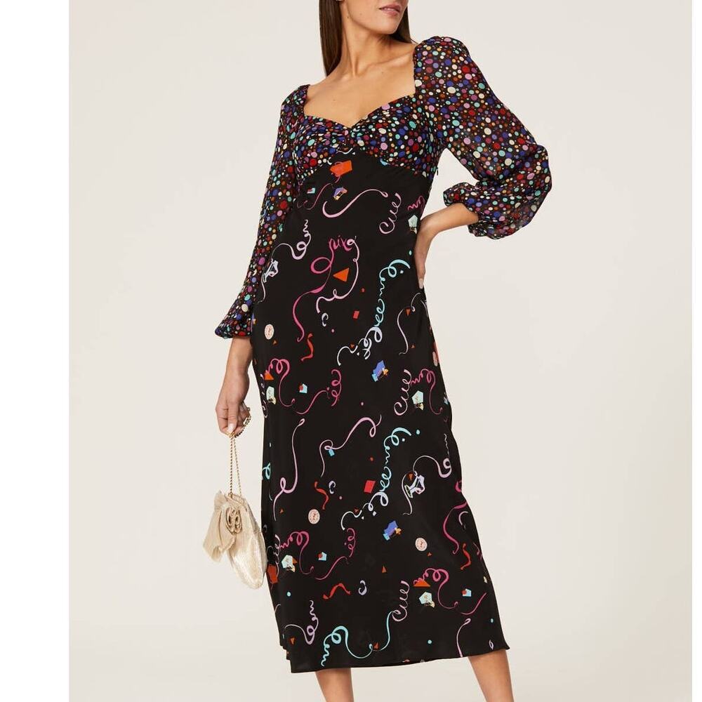 RIXO Gio Dress Silk Midi Confetti Puff Sleeve Black Size 6